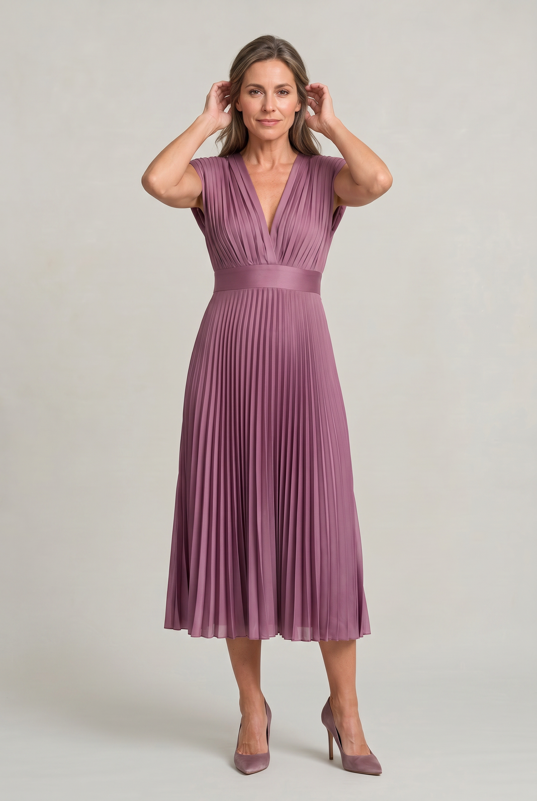 Sienna | Polished Pleated V-Neck Midi Races Dresses