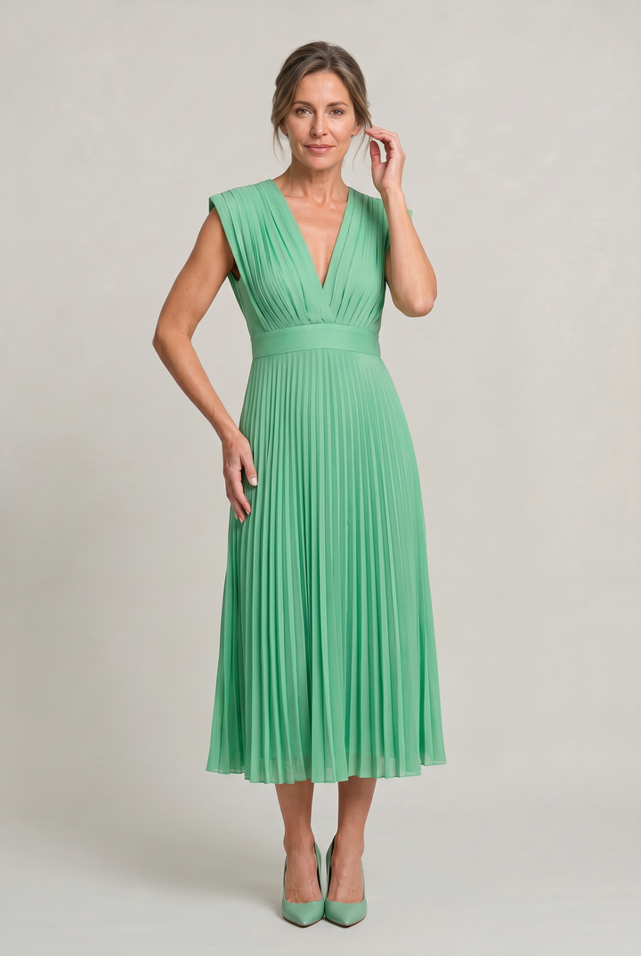 Sienna | Polished Pleated V-Neck Midi Races Dresses