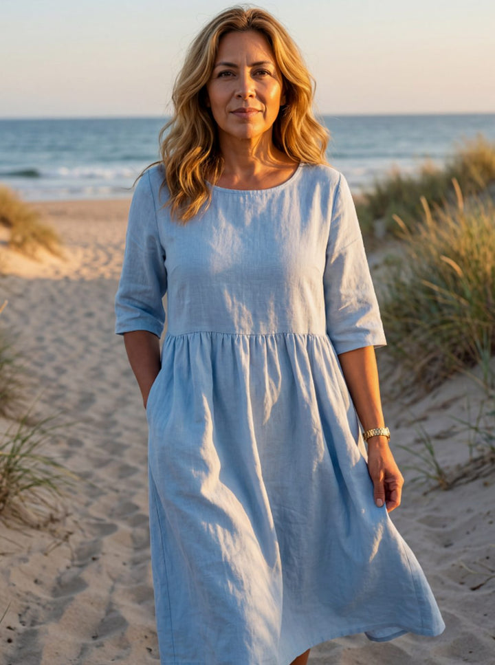 Sienna | Refined Gathered Waist Midi Linen Dress