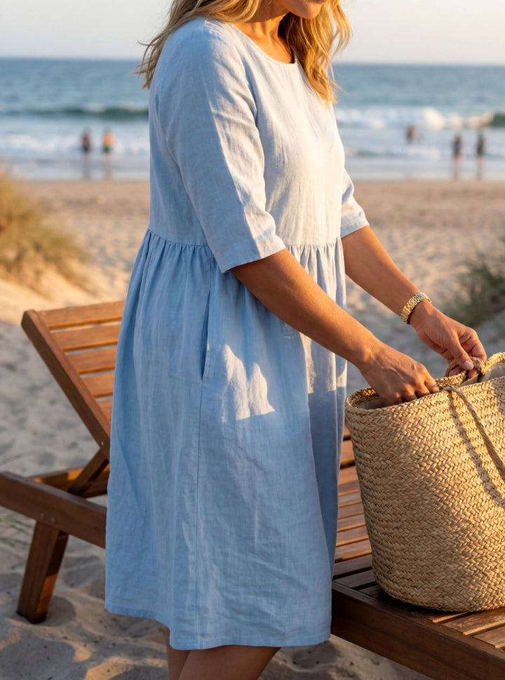Sienna | Refined Gathered Waist Midi Linen Dress
