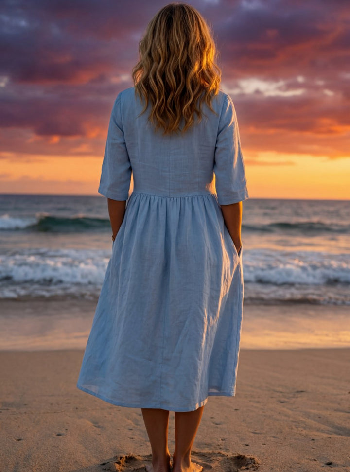 Sienna | Refined Gathered Waist Midi Linen Dress