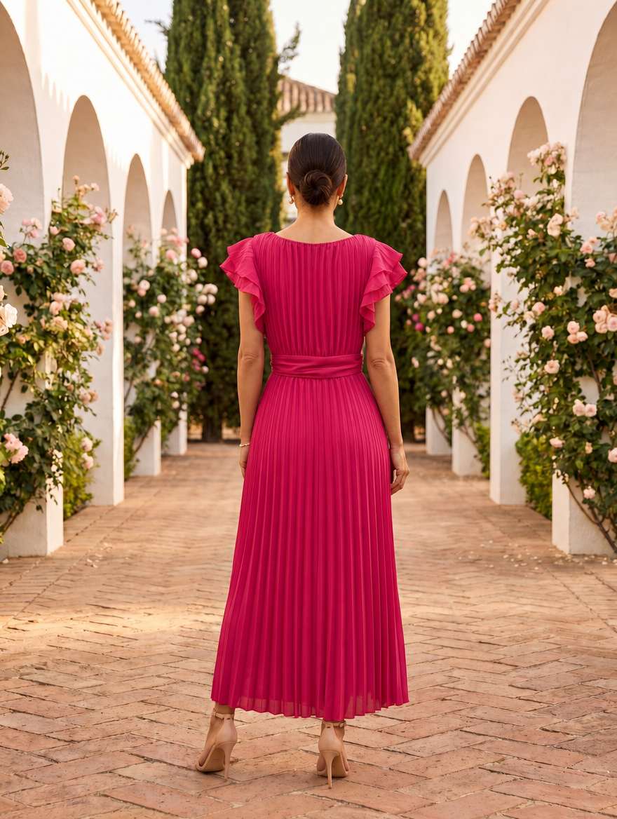 Sofia | Chic Pleated Race Dress with Ruffle Sleeves