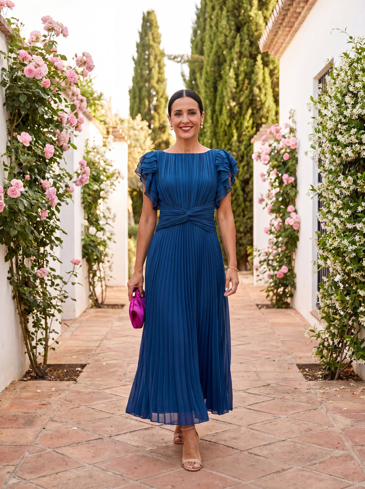 Sofia | Chic Pleated Race Dress with Ruffle Sleeves