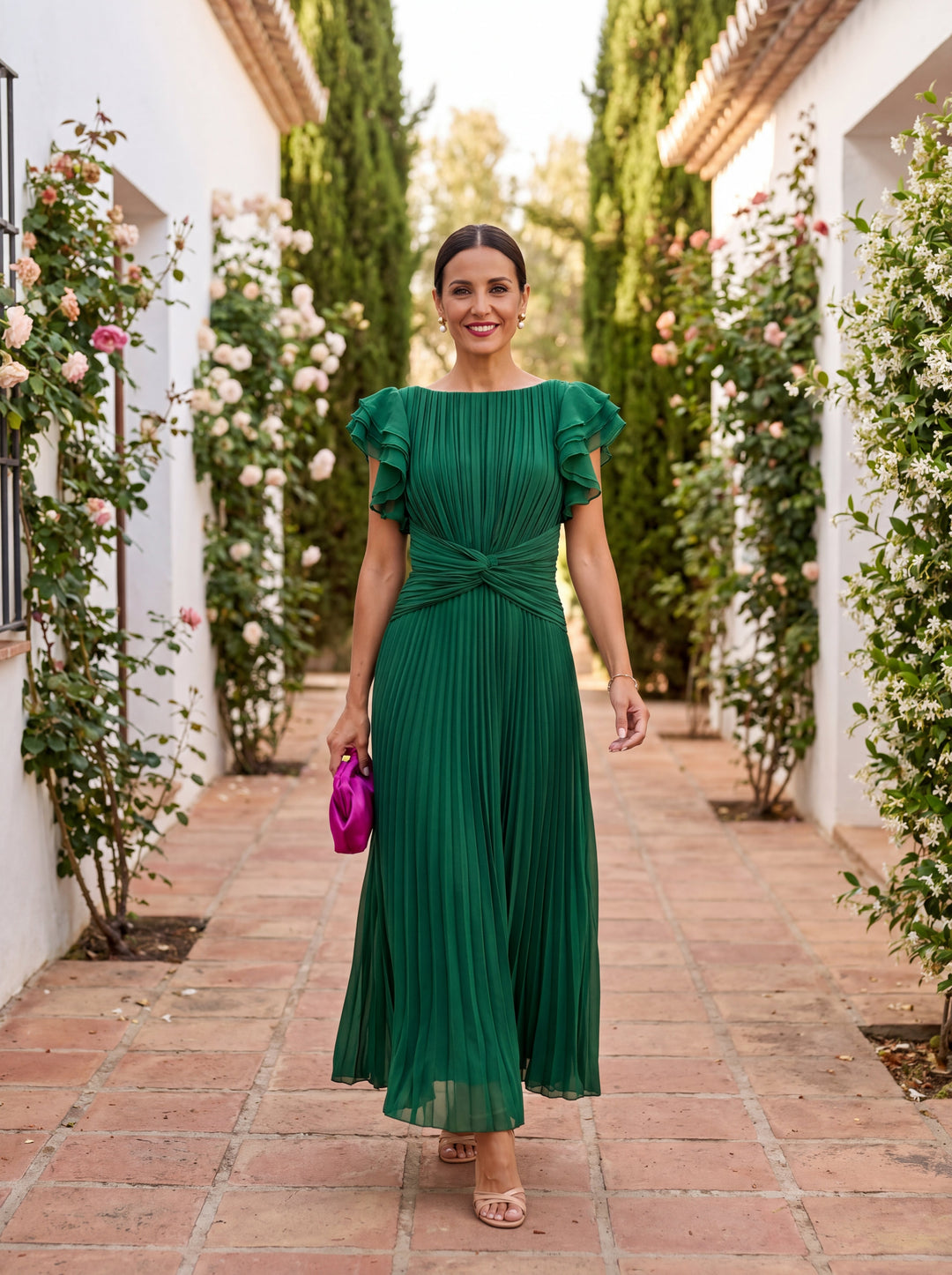 Sofia | Chic Pleated Race Dress with Ruffle Sleeves