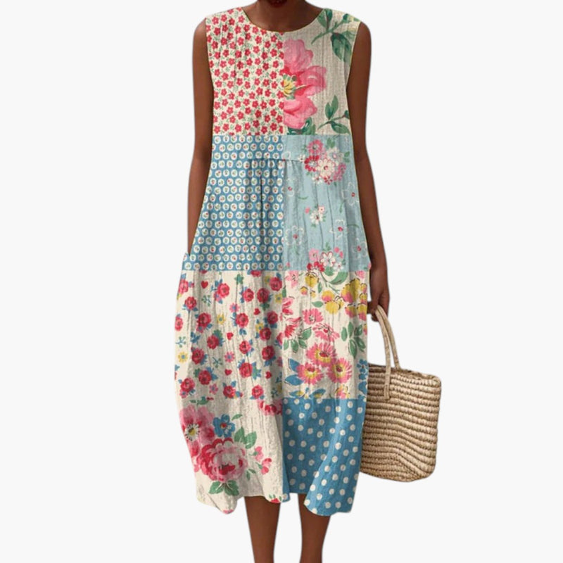 Sofia | Cosy Patchwork Floral Linen Dress with Round Neck