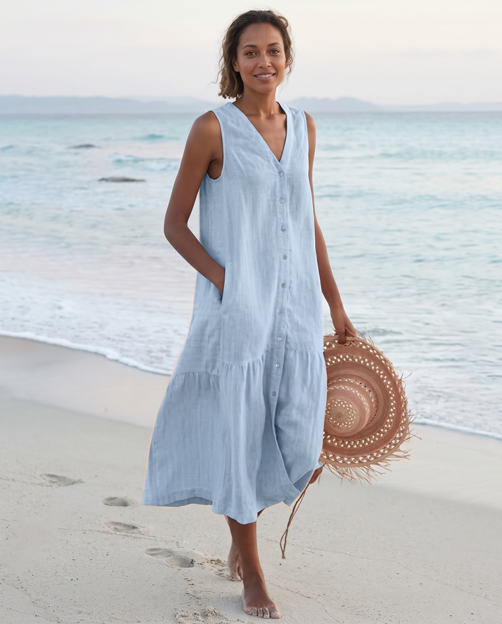 Sofia | Cosy Sleeveless V-Neck Tiered Linen Midi Dress