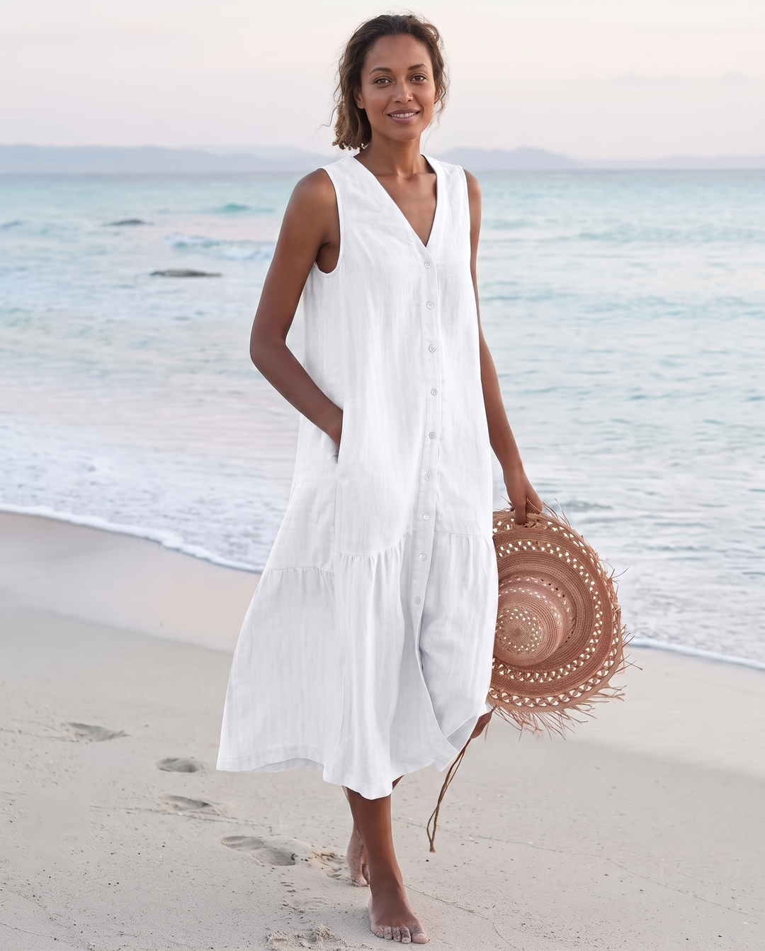 Sofia | Cosy Sleeveless V-Neck Tiered Linen Midi Dress