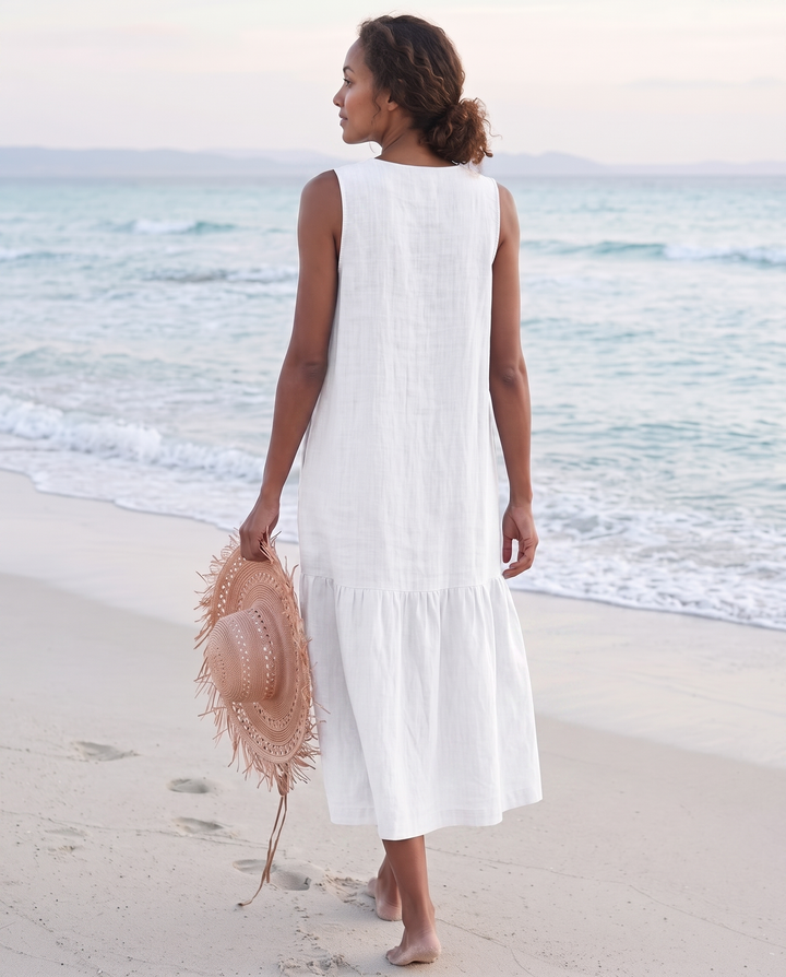 Sofia | Cosy Sleeveless V-Neck Tiered Linen Midi Dress