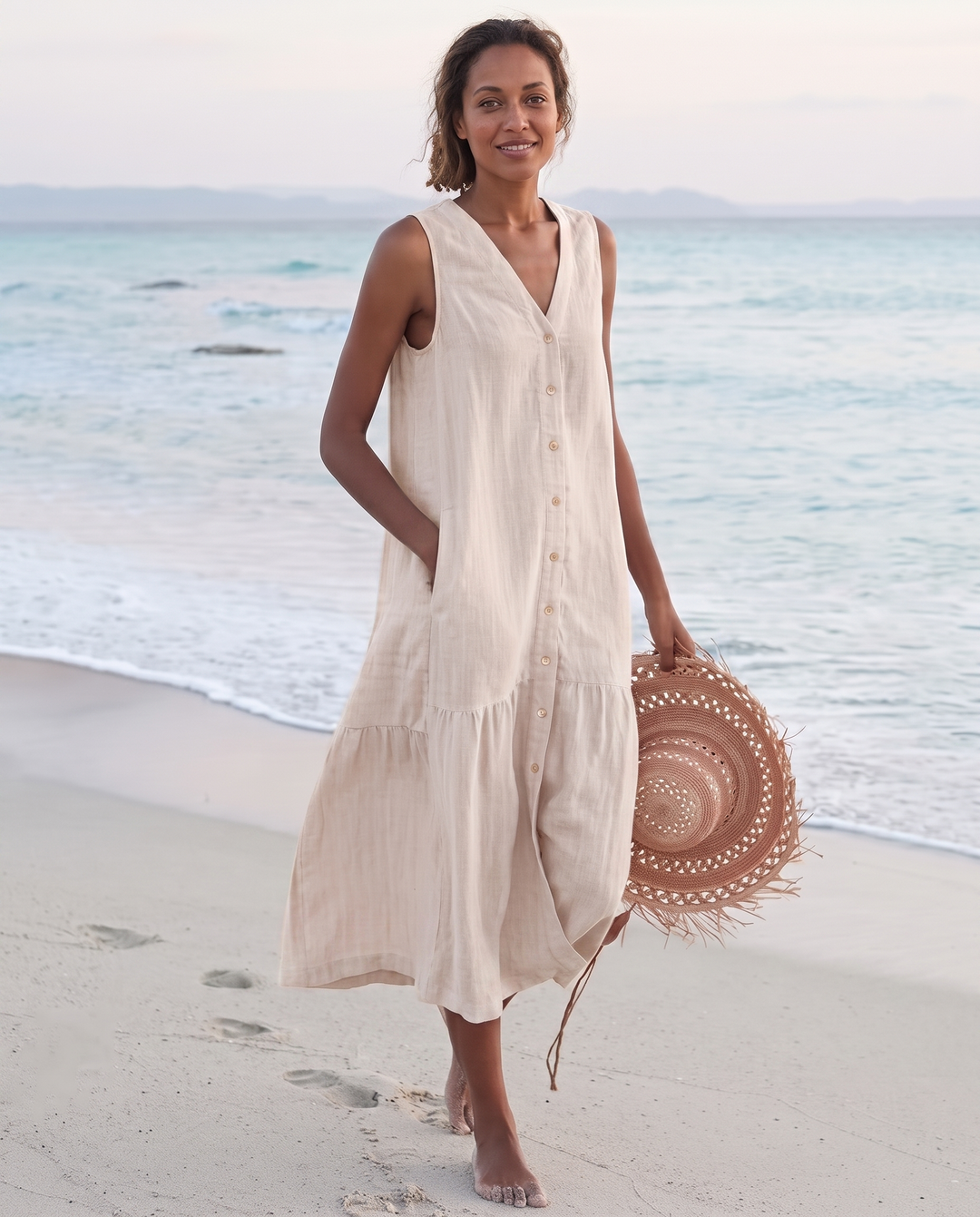 Sofia | Cosy Sleeveless V-Neck Tiered Linen Midi Dress