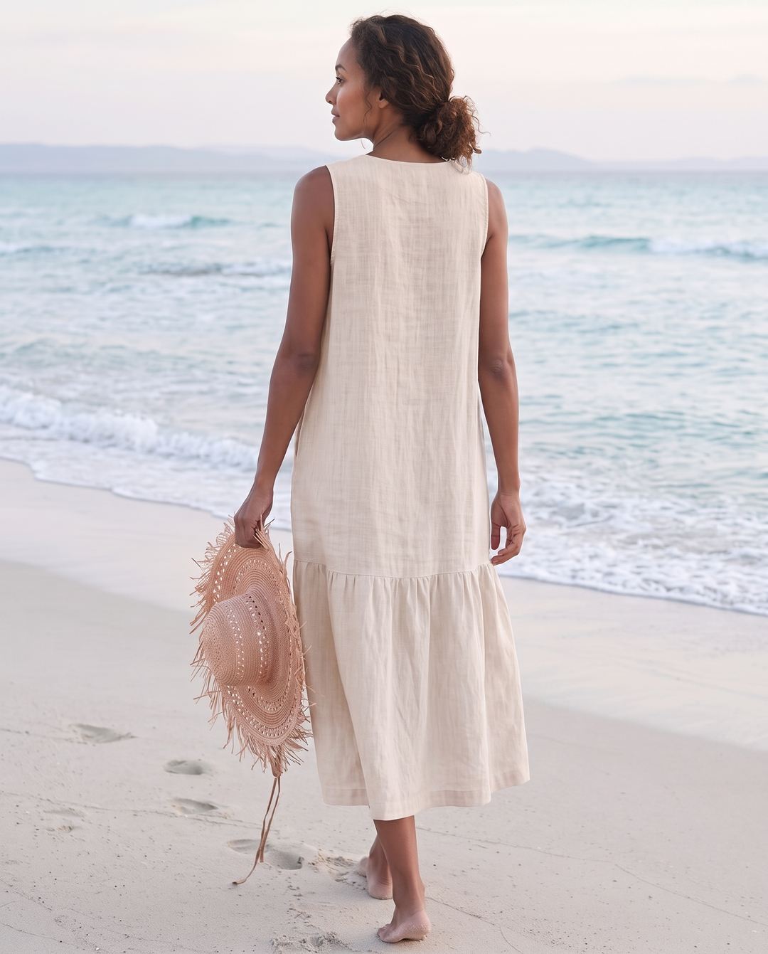 Sofia | Cosy Sleeveless V-Neck Tiered Linen Midi Dress