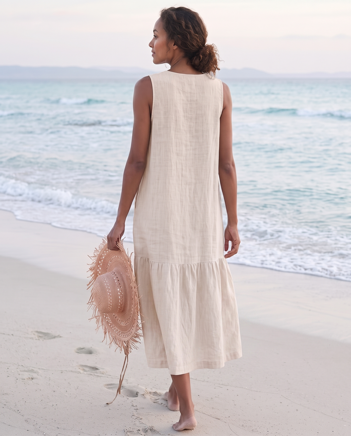 Sofia | Cosy Sleeveless V-Neck Tiered Linen Midi Dress
