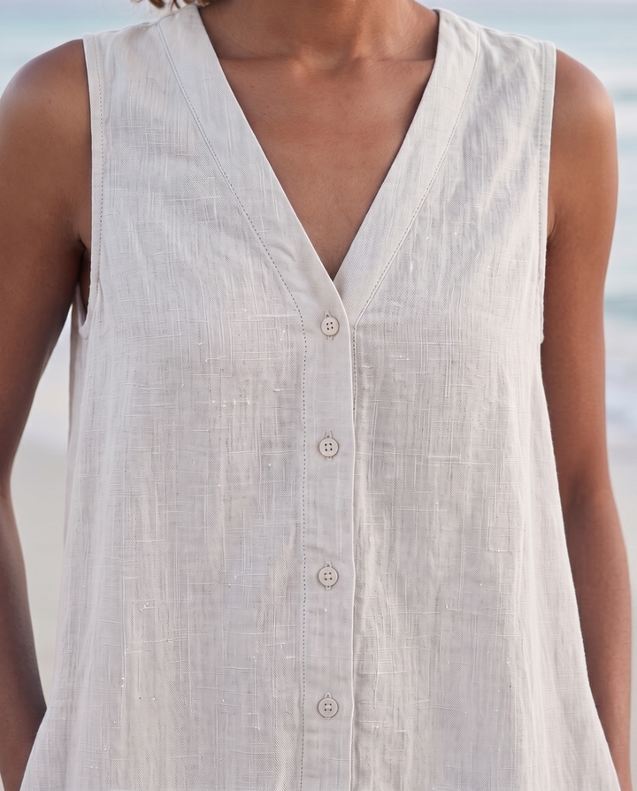 Sofia | Cosy Sleeveless V-Neck Tiered Linen Midi Dress
