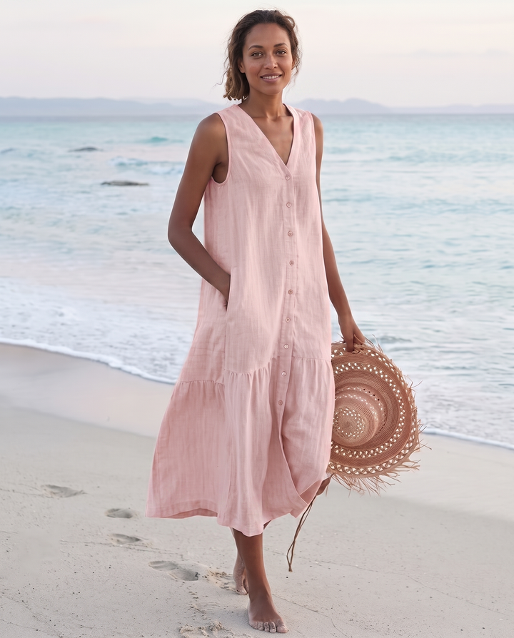 Sofia | Cosy Sleeveless V-Neck Tiered Linen Midi Dress