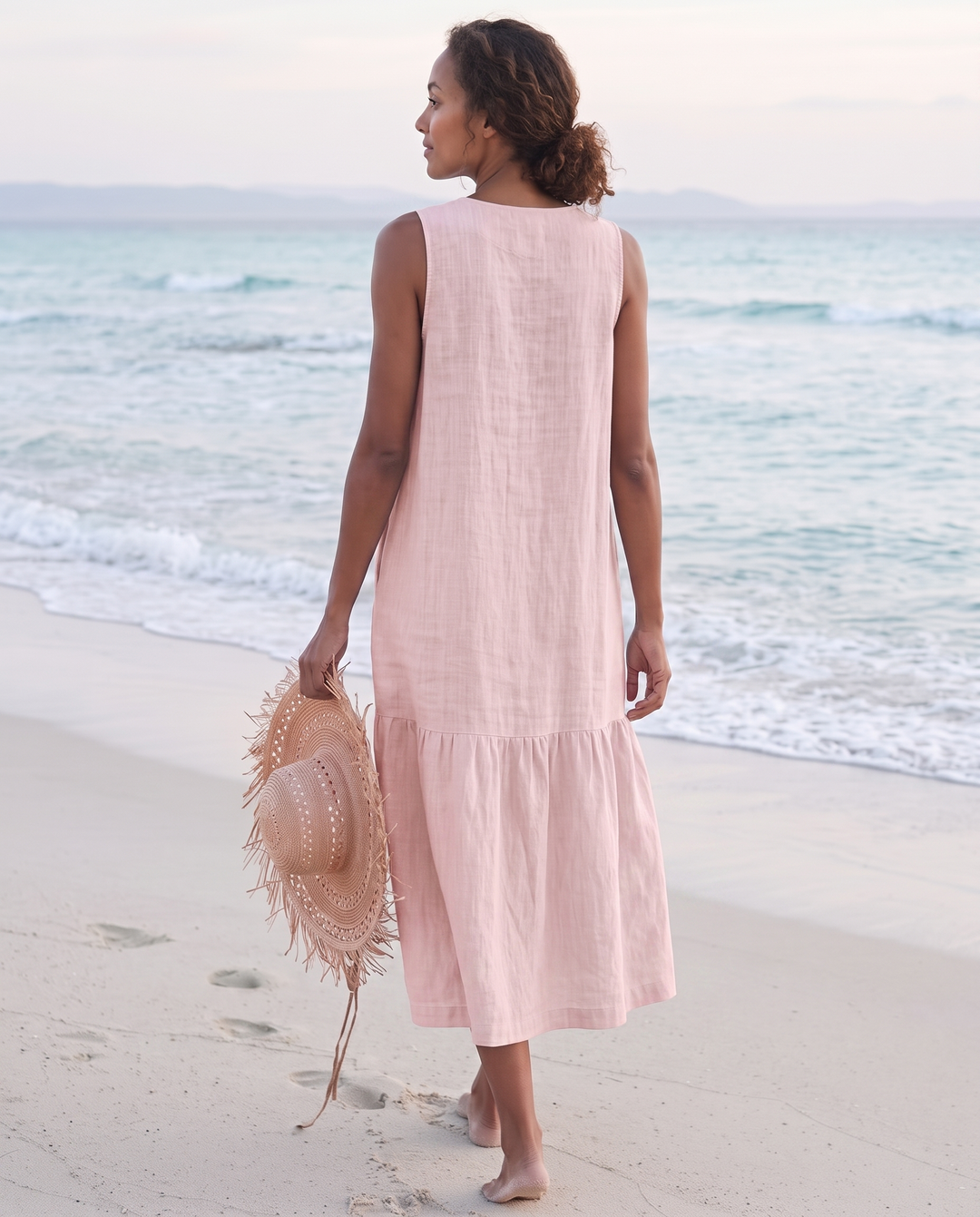 Sofia | Cosy Sleeveless V-Neck Tiered Linen Midi Dress