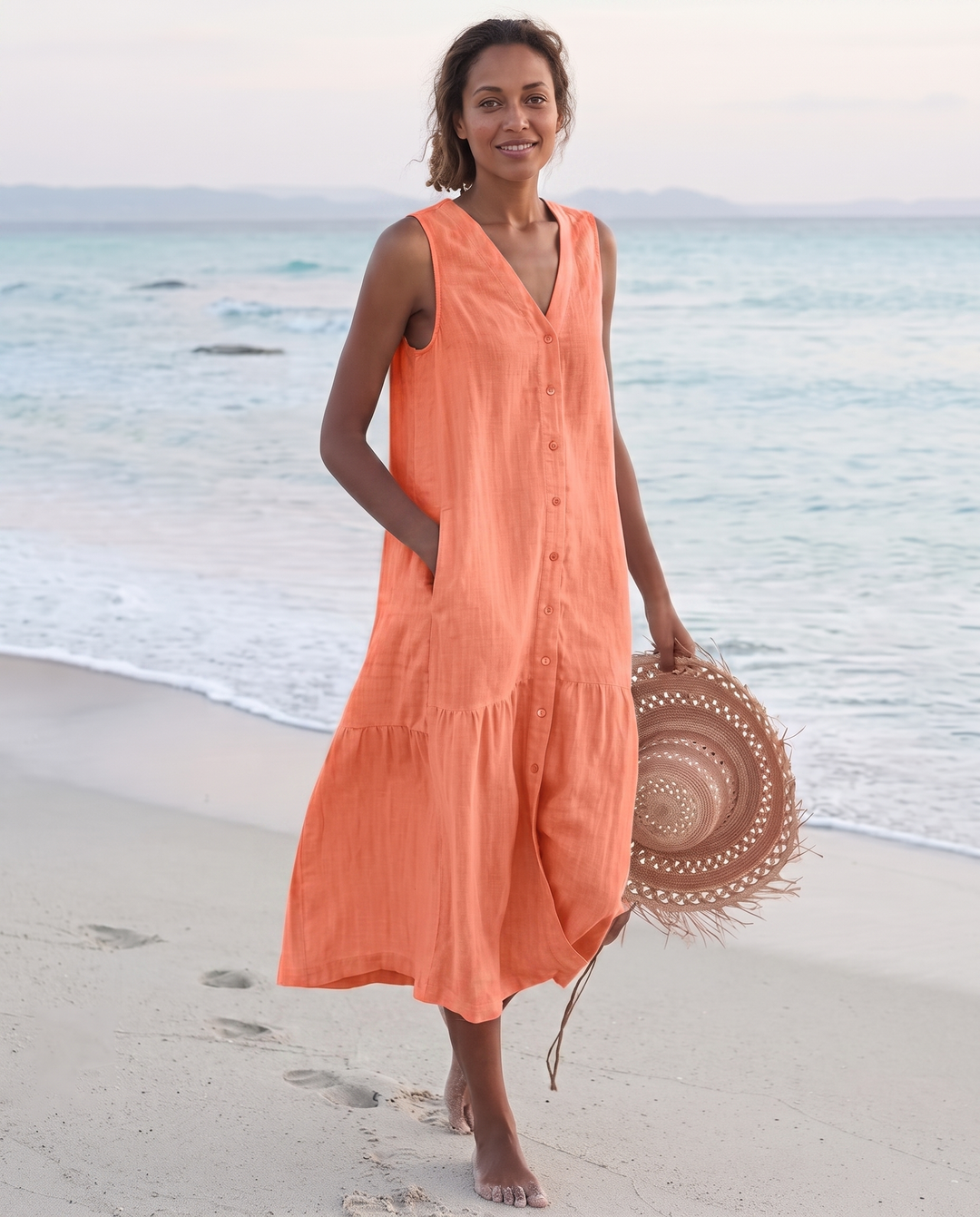 Sofia | Cosy Sleeveless V-Neck Tiered Linen Midi Dress