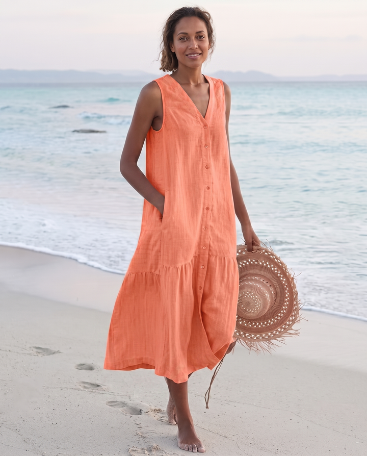 Sofia | Cosy Sleeveless V-Neck Tiered Linen Midi Dress
