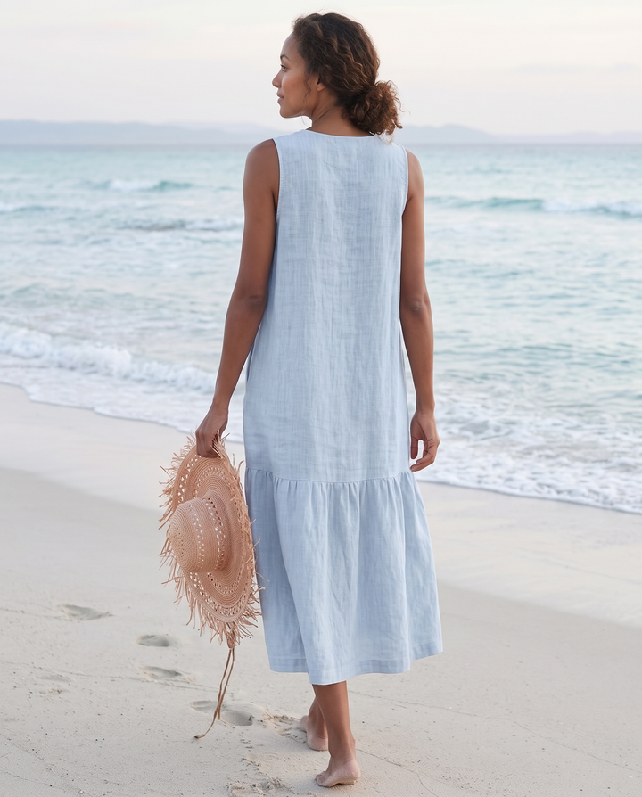 Sofia | Cosy Sleeveless V-Neck Tiered Linen Midi Dress