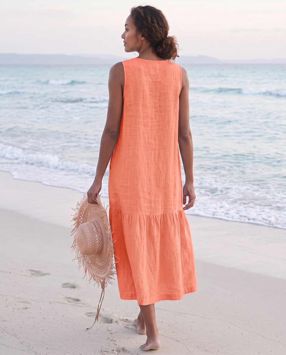 Sofia | Cosy Sleeveless V-Neck Tiered Linen Midi Dress