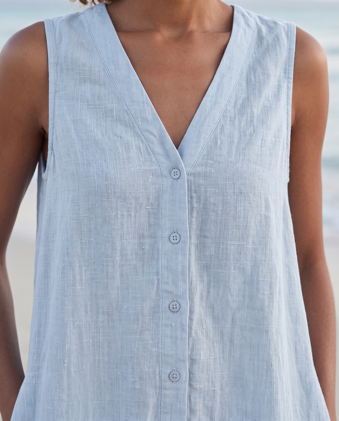 Sofia | Cosy Sleeveless V-Neck Tiered Linen Midi Dress