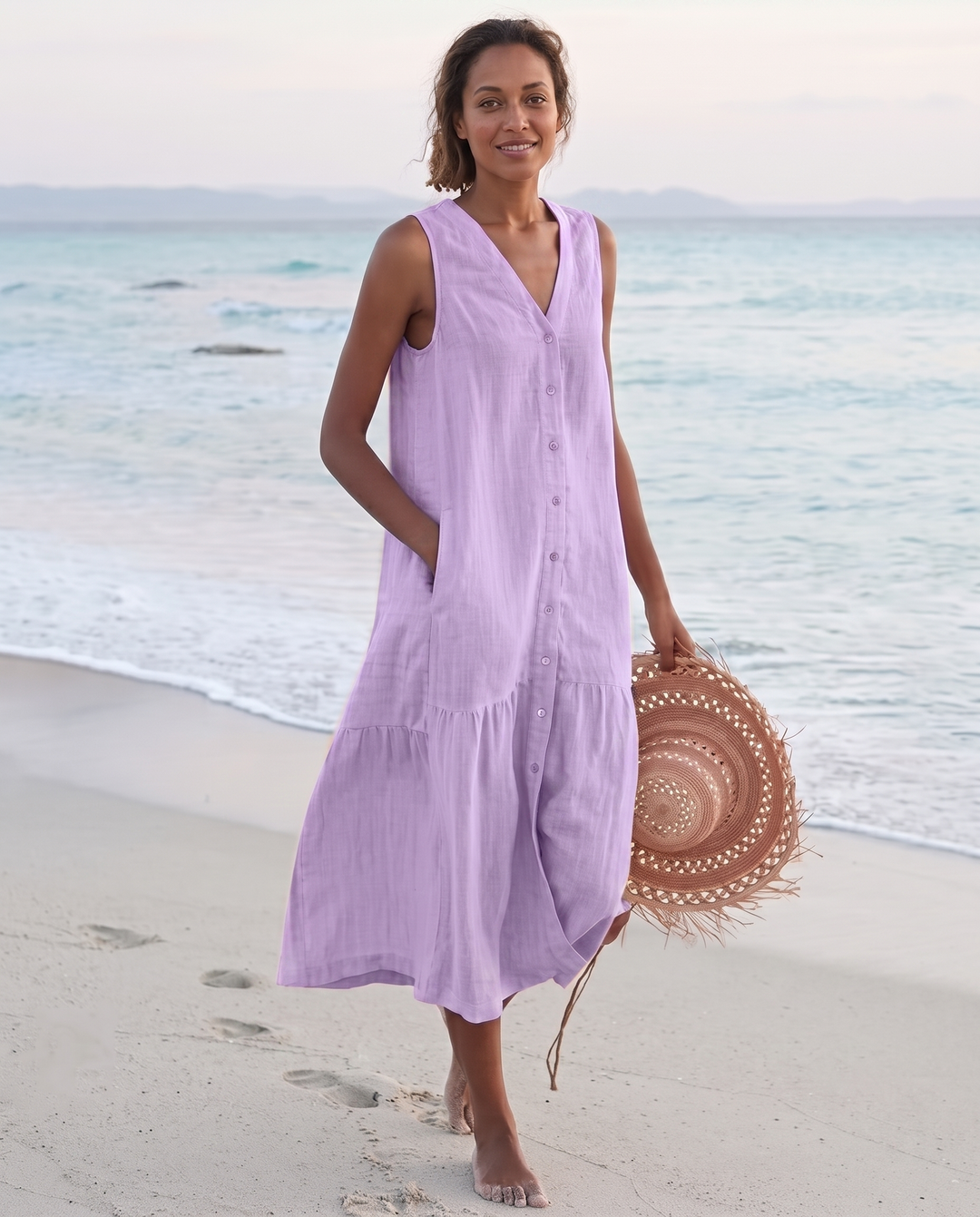 Sofia | Cosy Sleeveless V-Neck Tiered Linen Midi Dress