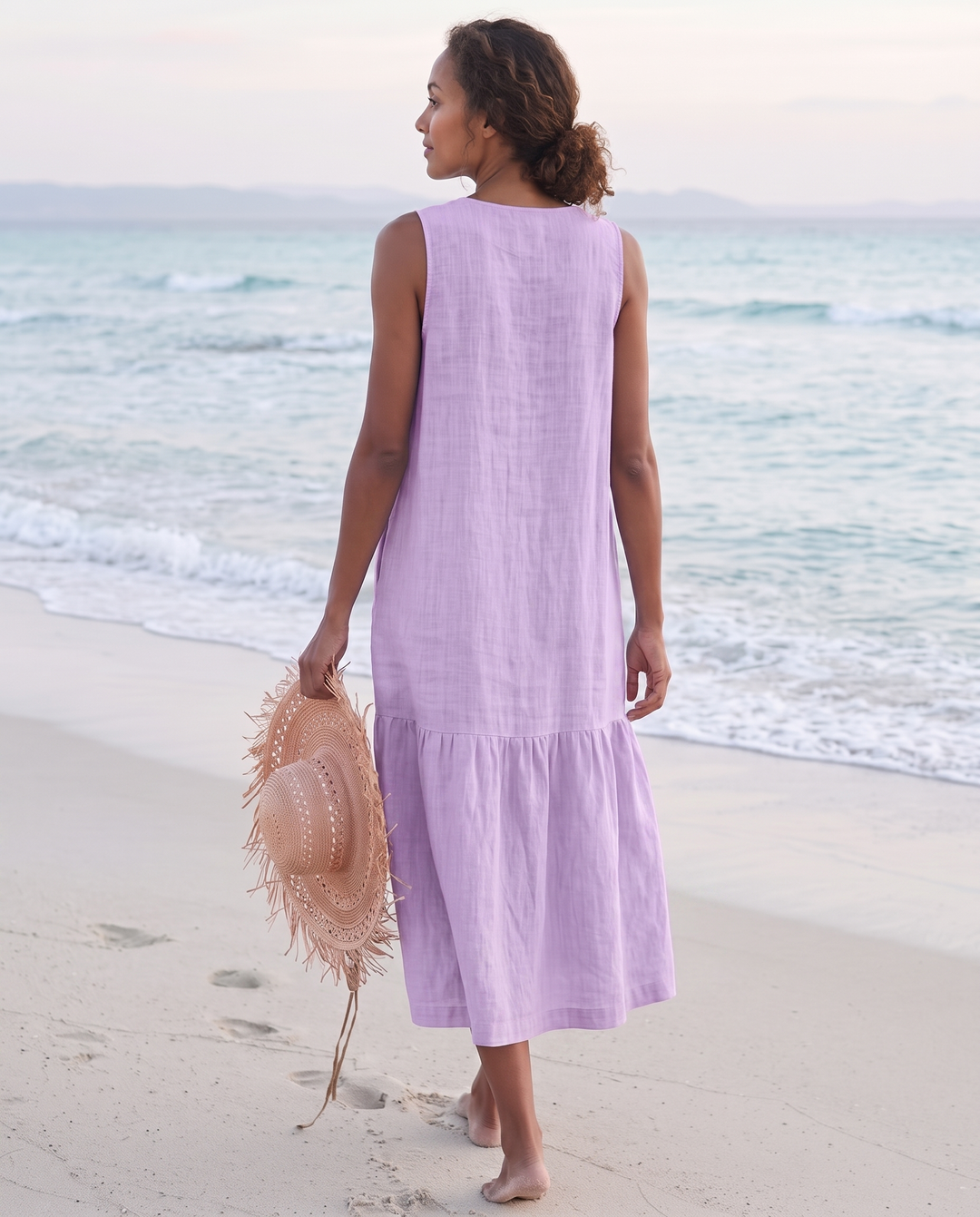 Sofia | Cosy Sleeveless V-Neck Tiered Linen Midi Dress