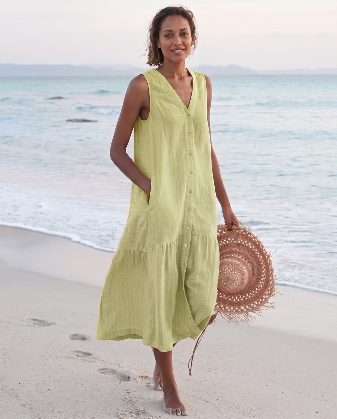Sofia | Cosy Sleeveless V-Neck Tiered Linen Midi Dress
