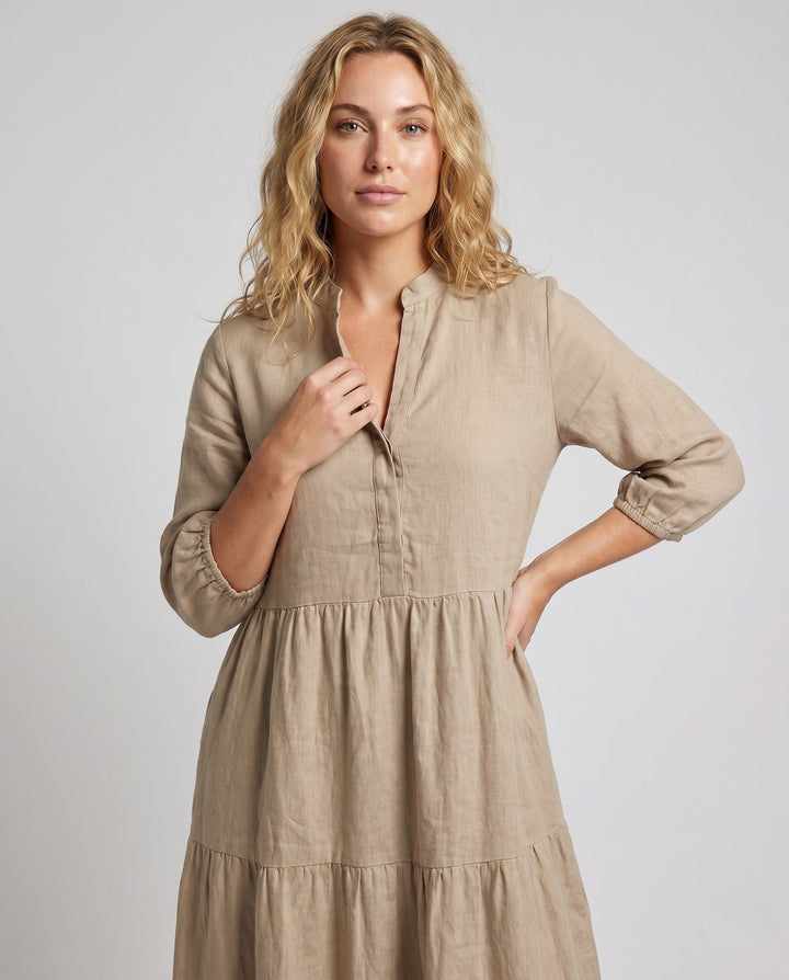 Sofia | Effortless Tiered Midi Linen Dress with Button Placket