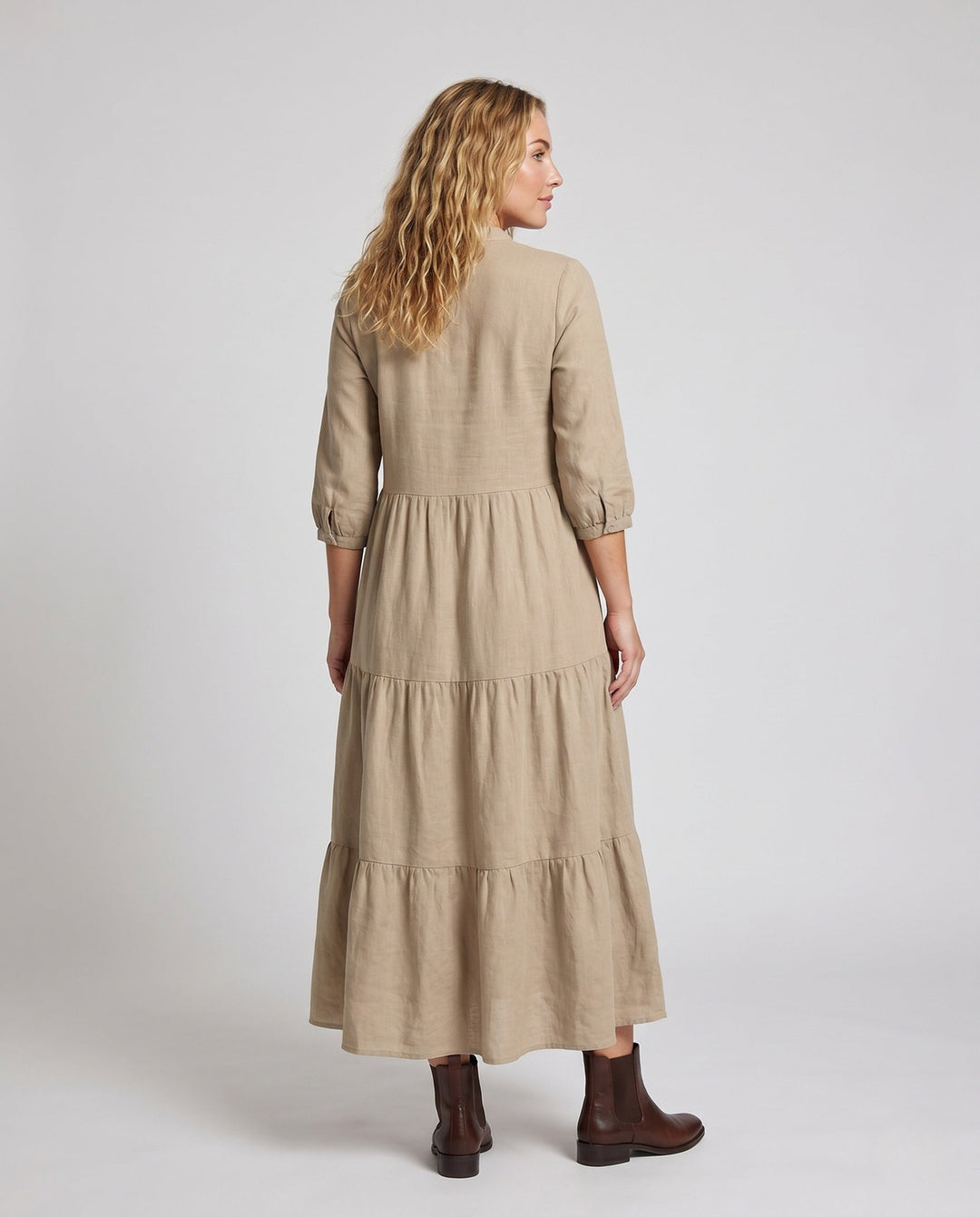 Sofia | Effortless Tiered Midi Linen Dress with Button Placket