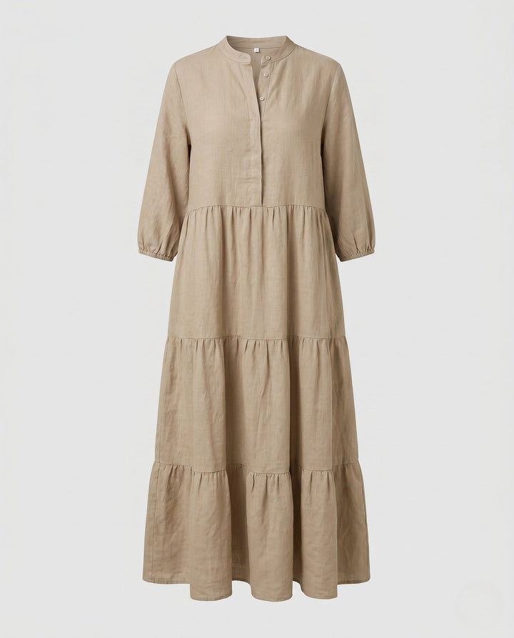 Sofia | Effortless Tiered Midi Linen Dress with Button Placket