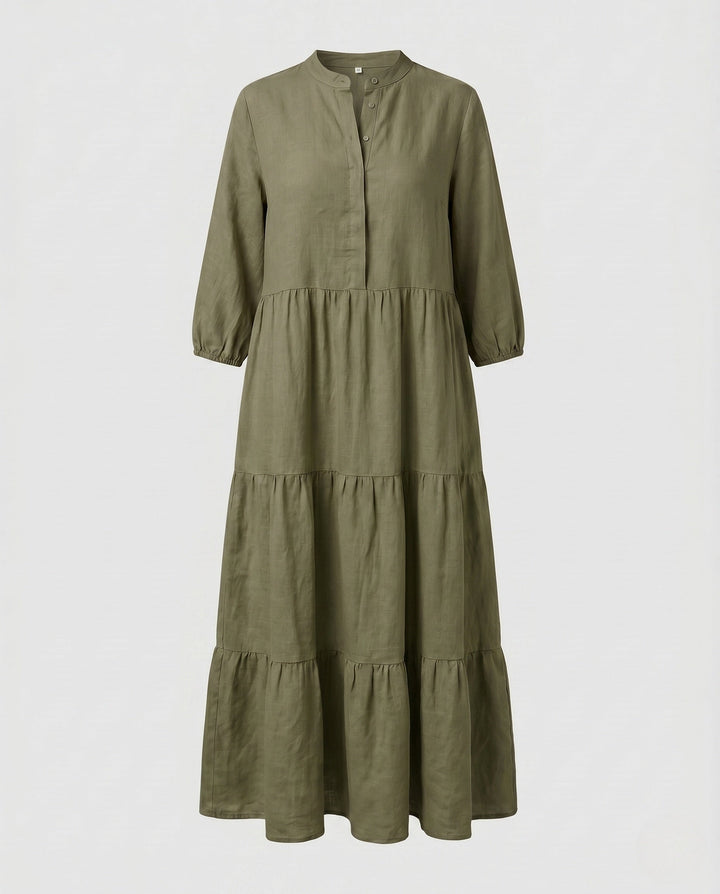 Sofia | Effortless Tiered Midi Linen Dress with Button Placket