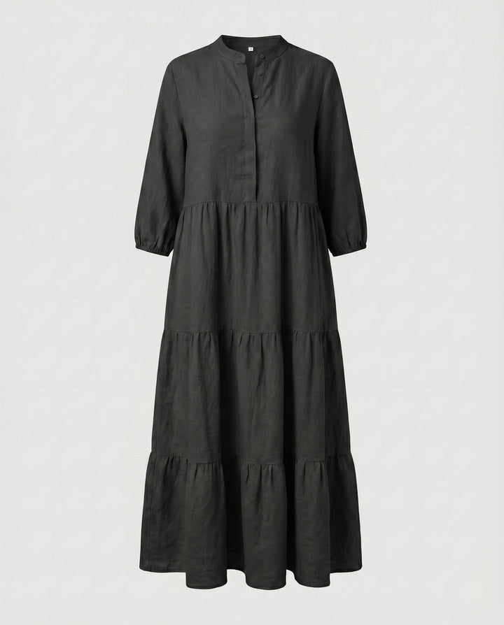 Sofia | Effortless Tiered Midi Linen Dress with Button Placket