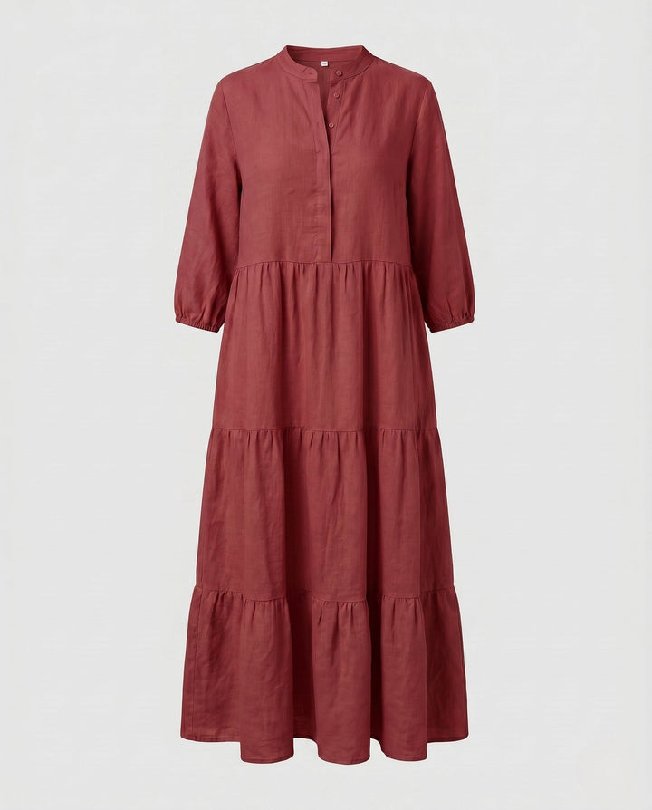 Sofia | Effortless Tiered Midi Linen Dress with Button Placket