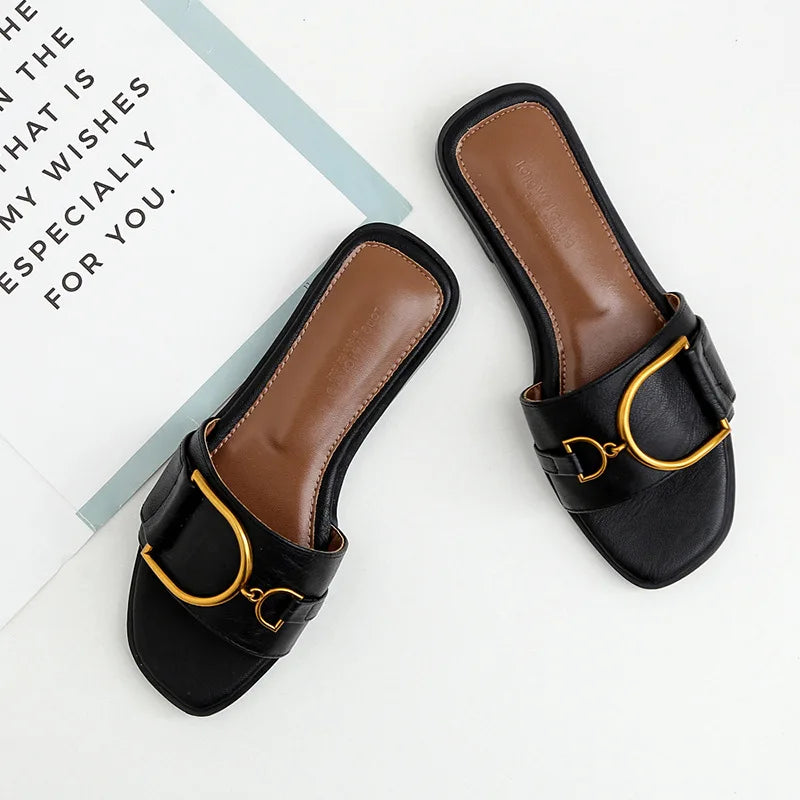Sofia | Refined Square Toe Slip-On Flat Sandals