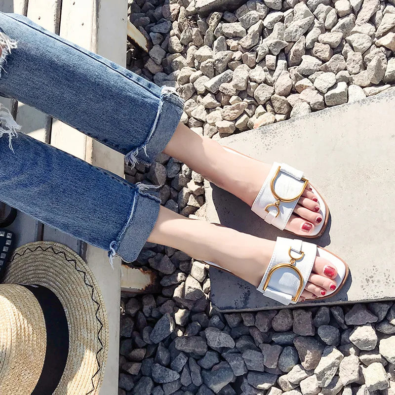 Sofia | Refined Square Toe Slip-On Flat Sandals