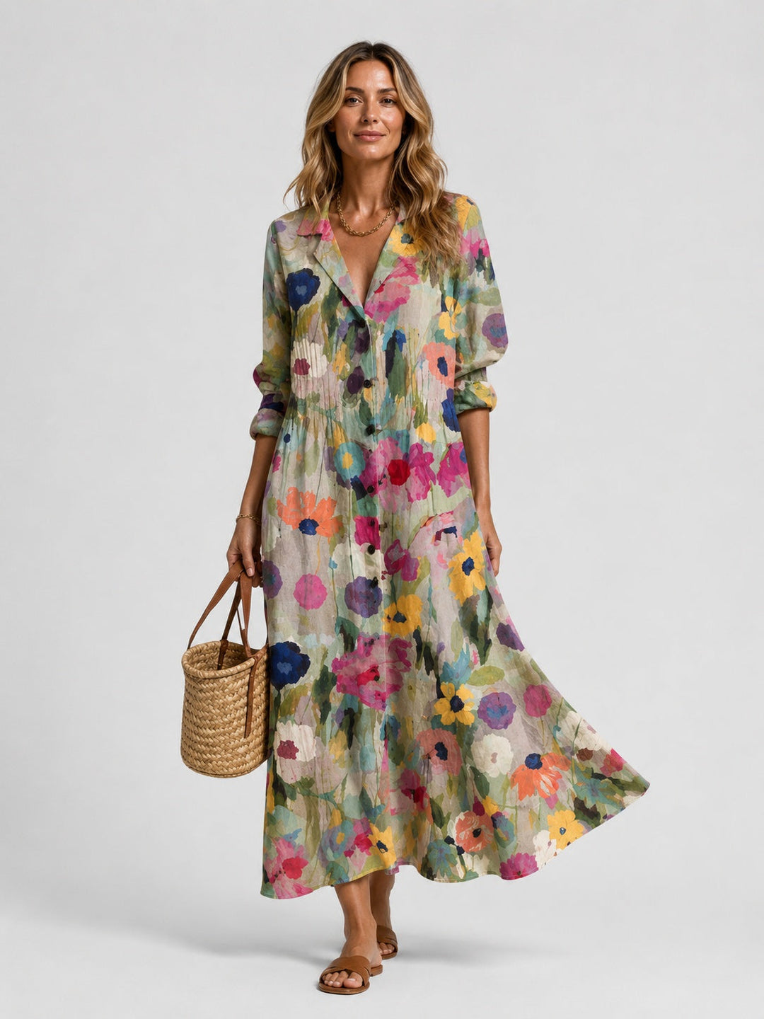 Sophia | Abstract Print Long Sleeve Shirt Midi Dress