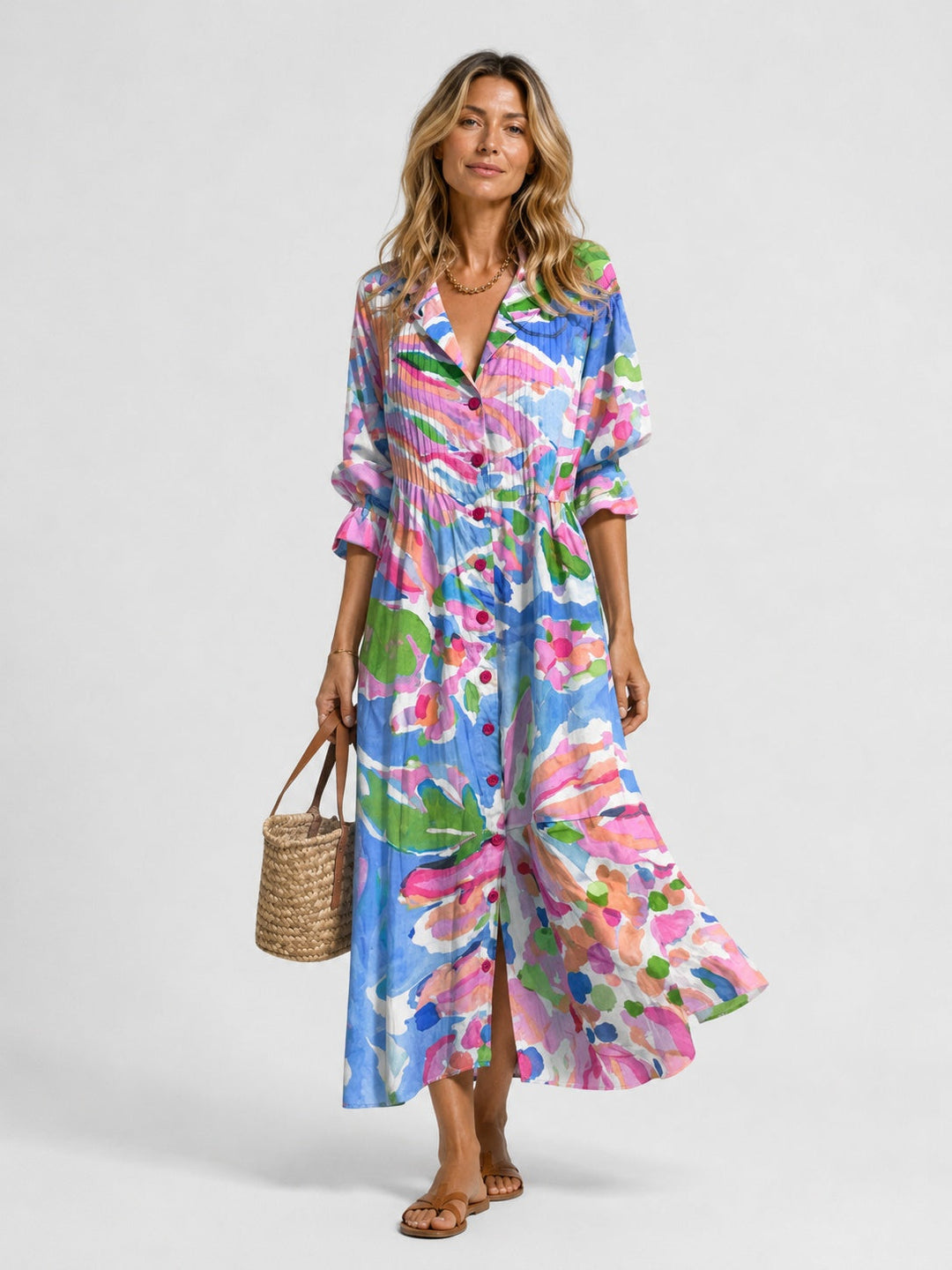 Sophia | Abstract Print Long Sleeve Shirt Midi Dress