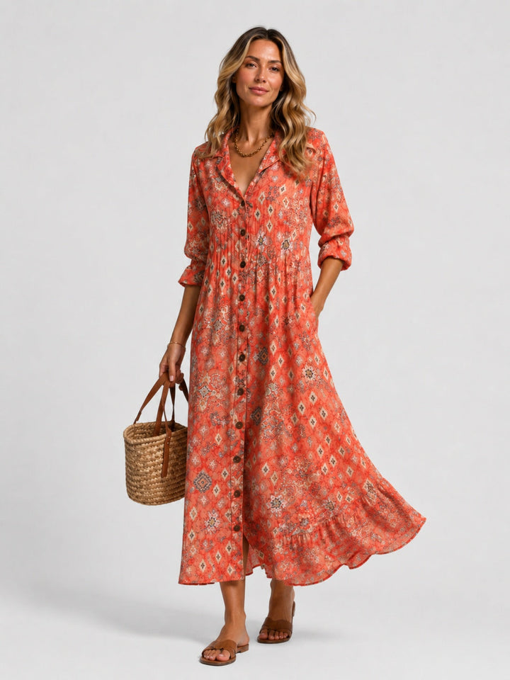 Sophia | Abstract Print Long Sleeve Shirt Midi Dress