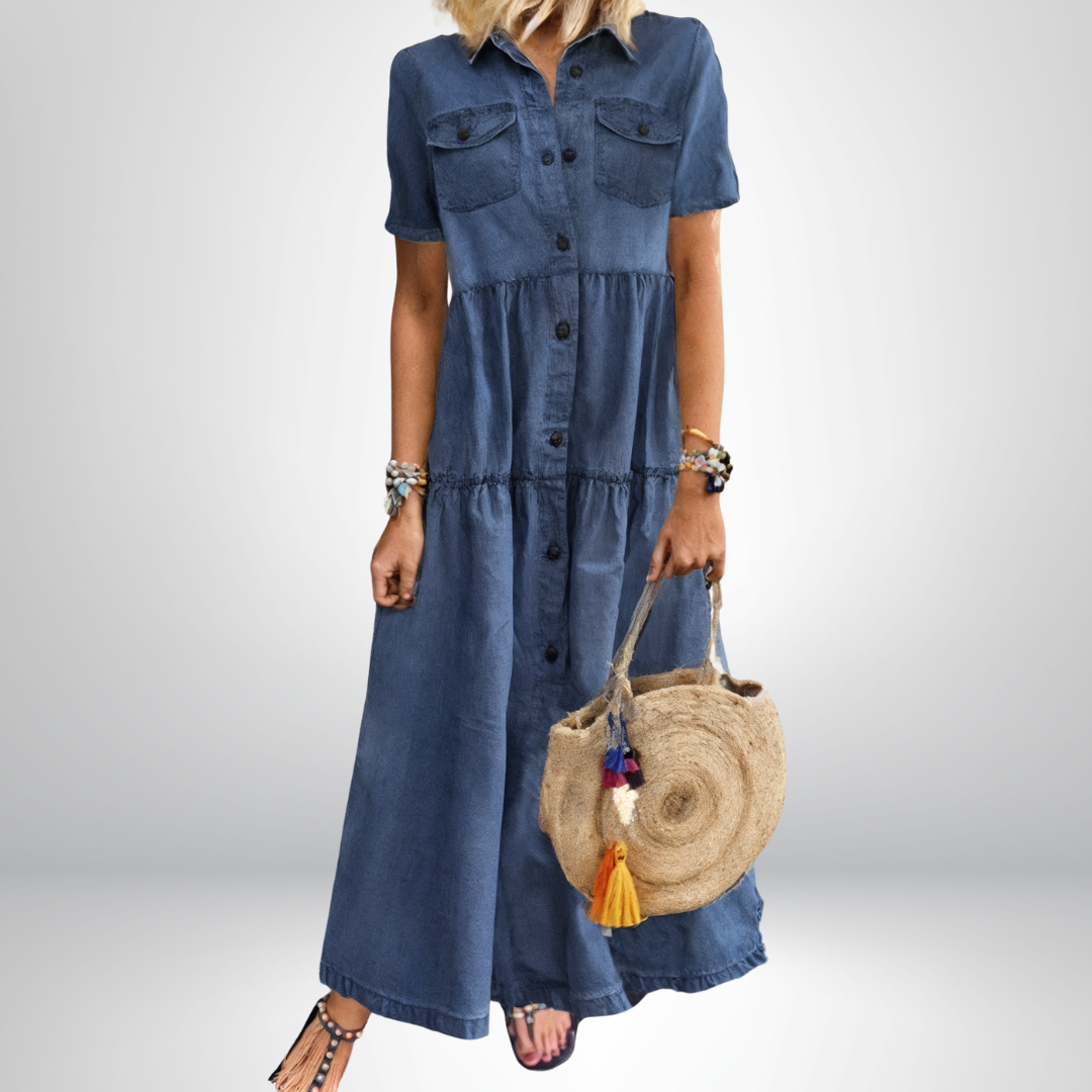 Sophia | Chic Tiered Button-Front Denim Shirt Dress