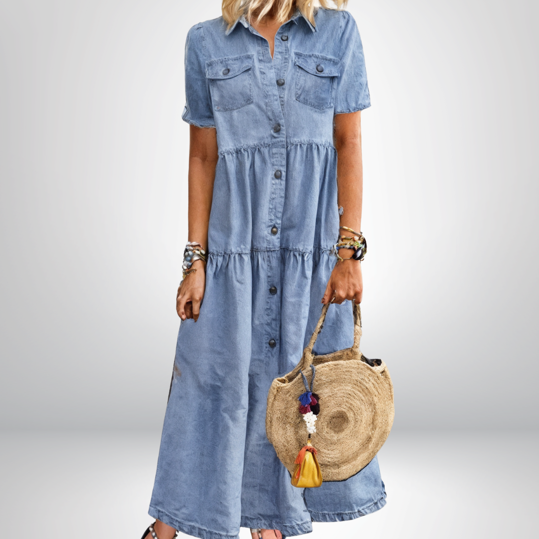 Sophia | Chic Tiered Button-Front Denim Shirt Dress