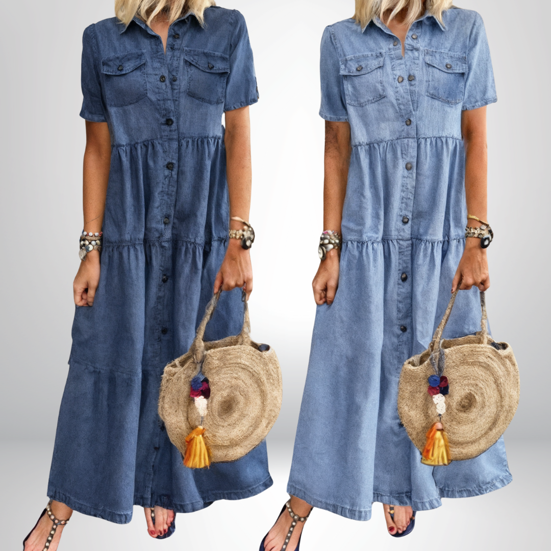 Sophia | Chic Tiered Button-Front Denim Shirt Dress