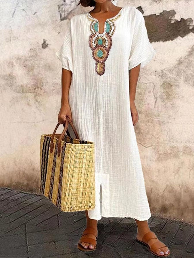 Sophia | Classic Boho Embroidered Linen Dress
