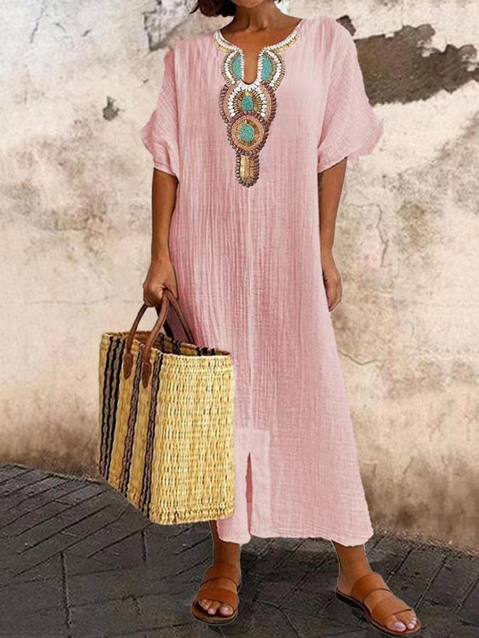 Sophia | Classic Boho Embroidered Linen Dress