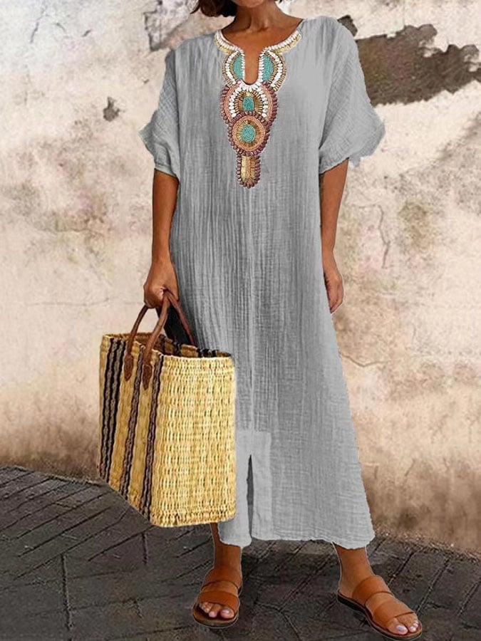 Sophia | Classic Boho Embroidered Linen Dress