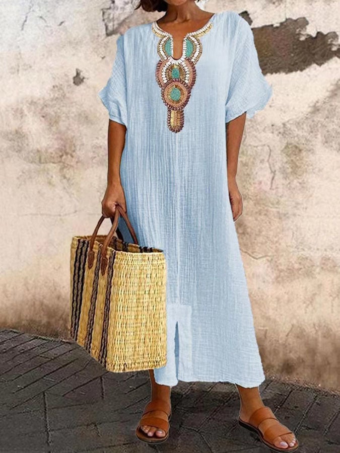 Sophia | Classic Boho Embroidered Linen Dress