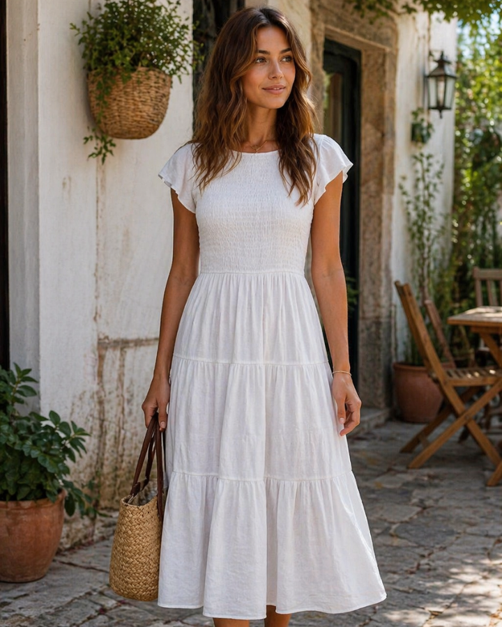 Sophie | Graceful Smocked Flutter Sleeve Tiered Midi Dress