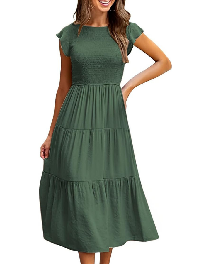 Sophie | Graceful Smocked Flutter Sleeve Tiered Midi Dress