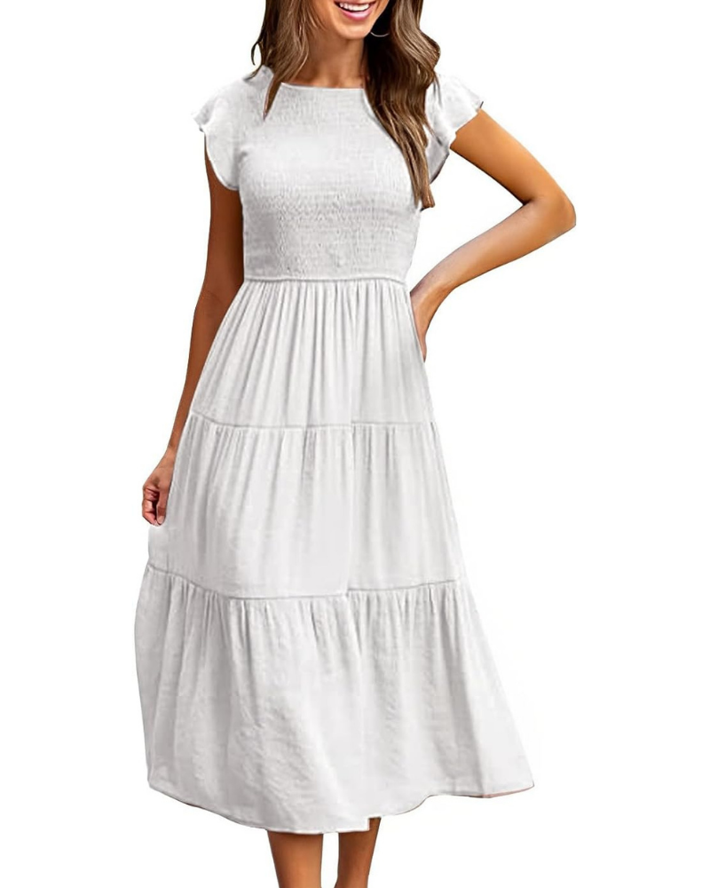 Sophie | Graceful Smocked Flutter Sleeve Tiered Midi Dress