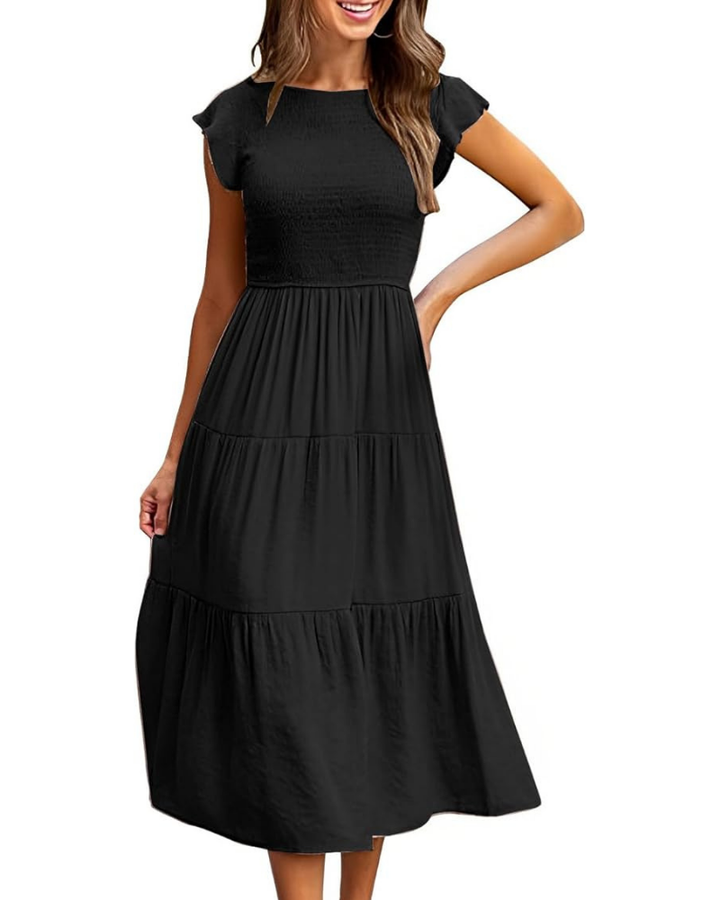 Sophie | Graceful Smocked Flutter Sleeve Tiered Midi Dress
