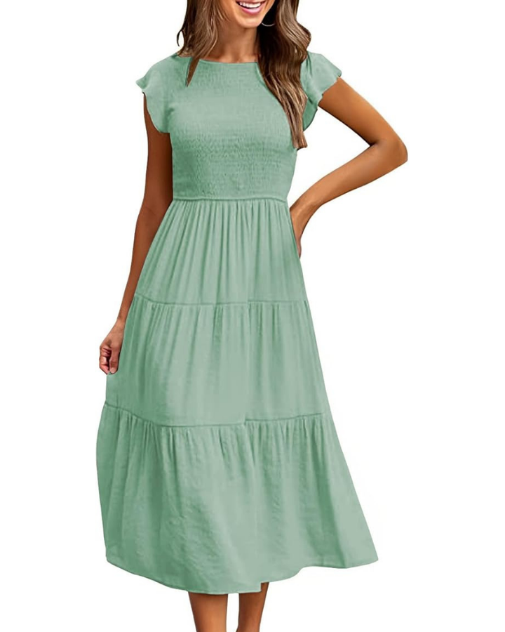 Sophie | Graceful Smocked Flutter Sleeve Tiered Midi Dress
