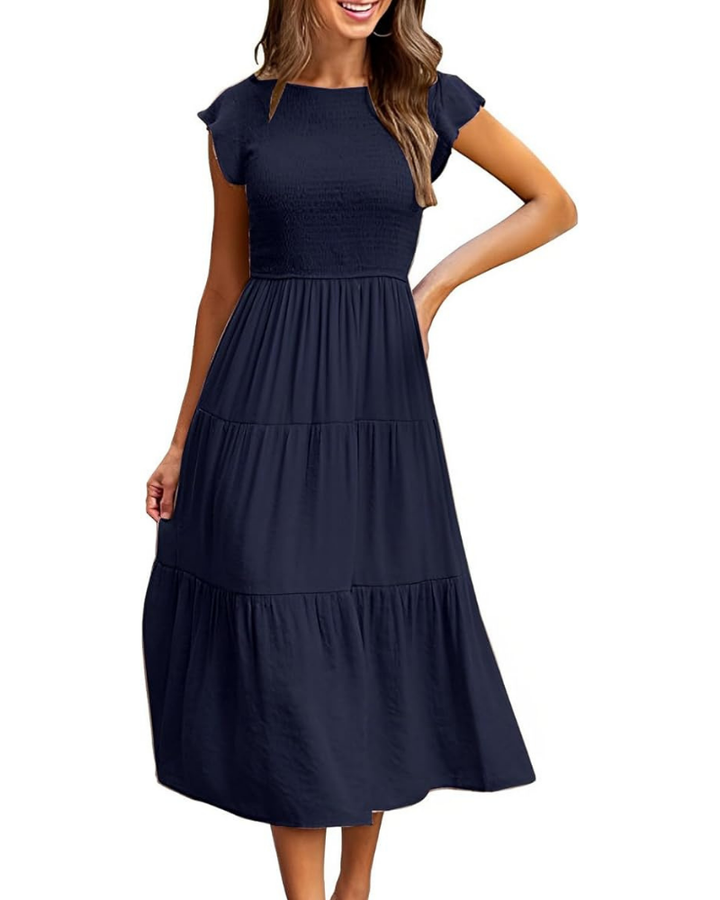 Sophie | Graceful Smocked Flutter Sleeve Tiered Midi Dress